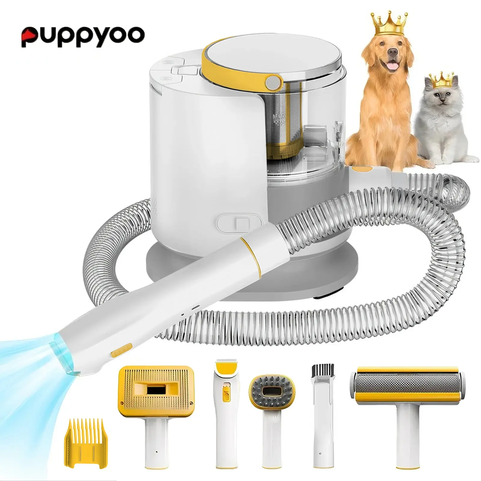 Puppyoo Pet Grooming & Vacuum Cleaner for Dogs/Cats - 12000Pa Suction, 1.5L Dust Cup, 4m Power Cord, Shedding Grooming Brush, Flat Suction & Crevice Tool for Cleaning Sofas/Carpets