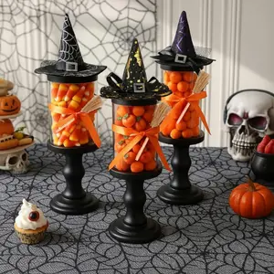 3/4Pcs Halloween Candy Jar with Lid Plastic Treat Cookie Containers with Mini Witch Hats Witch Brooms Candlesticks and Ribbons Snack Serving Bowl DIY Candy Bucket Party Decoration