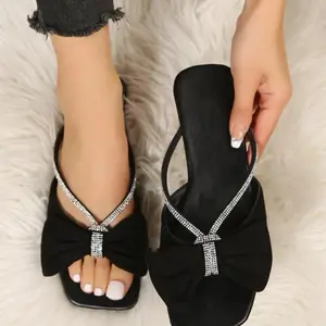 Women Rhinestone & Bow Decor Flat Sandals, Fashion Summer Slide Sandals