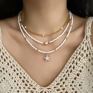 Set of 3 gold shell bead beach necklaces with Bohemian tassel pendants, vacation style—women’s retro pieces that can be mixed and matched freely for wear. stainless steel hip hop style jewelry punk boho chic crystal snake chain elegant statement son gift,