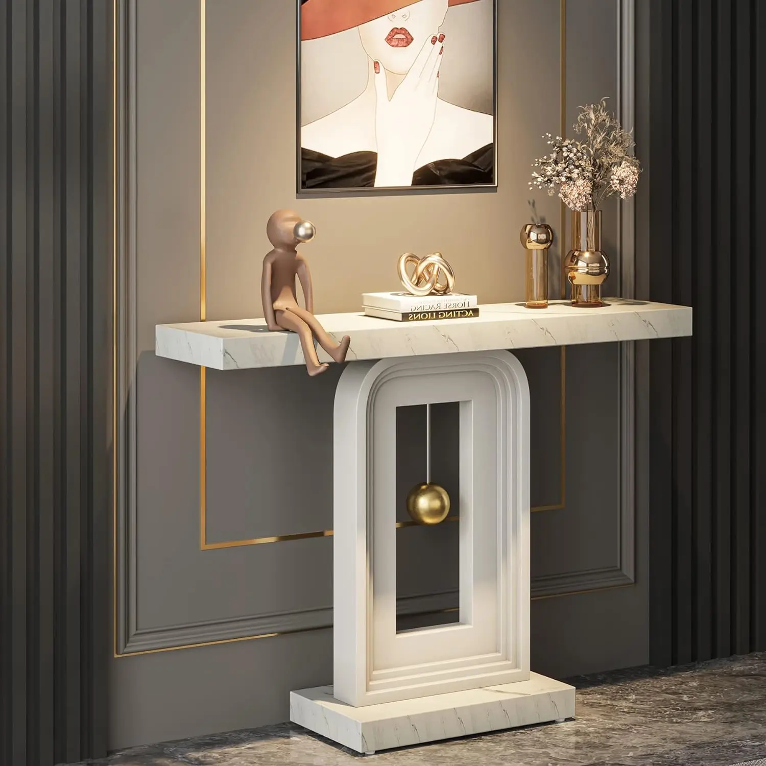 LITTLE TREE Modern Console Table with Geometric Base, 40 inch Narrow Sofa Entryway Table with Gold Decor