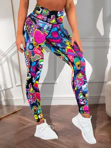 Women's Plus Size Colorful Cartoon Print Tight Yoga Leggings, Fashion Sportswear Casual Gym Outdoor Wear, All Seasons Long Pants, Gym Sportswear Bottoms