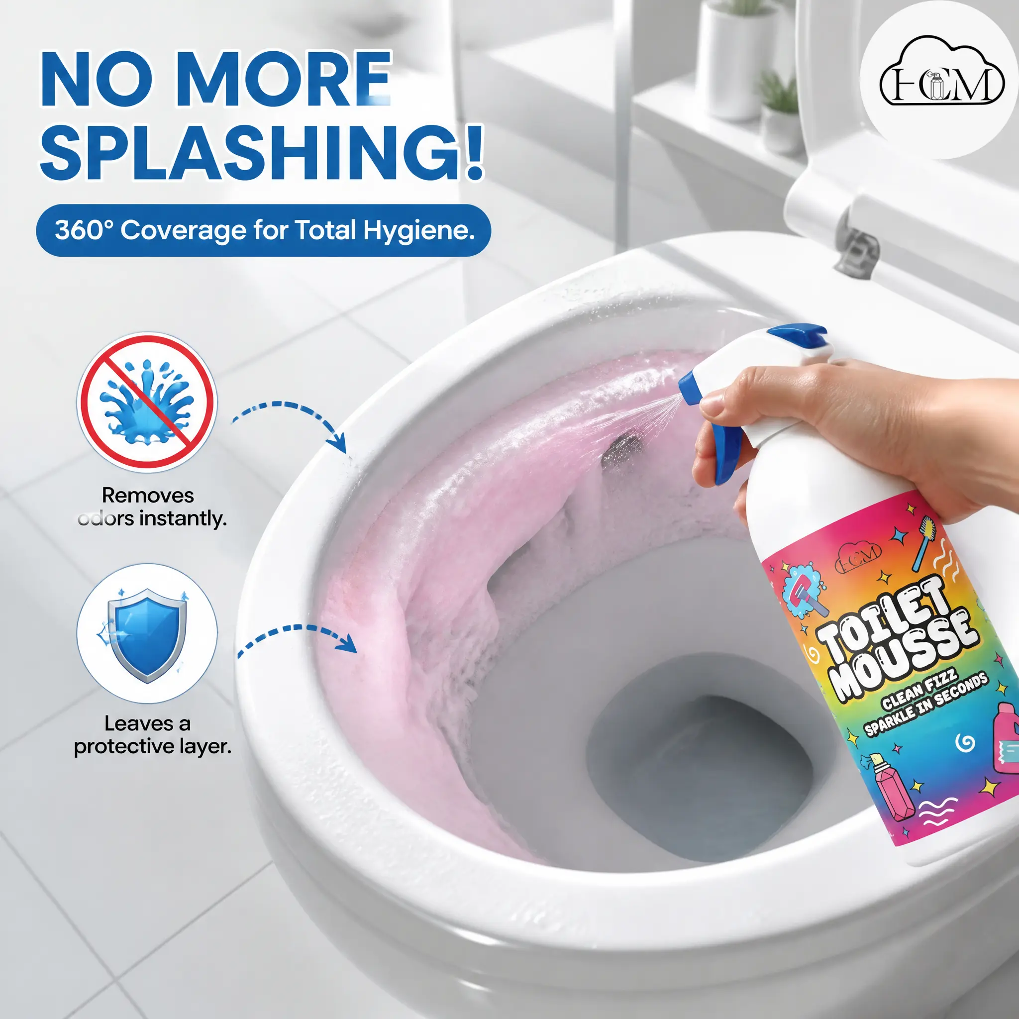 Viral HCM Pink Peach Scent Bathroom Foam Mousse, 360° all-angle soft spray anti-splash foam shield, long-lasting peach fragrance multi-surface bathroom daily care spray, mild formula safe on all bathroom surfaces and plumbing