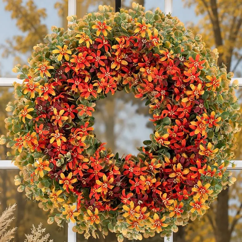 Fall Wreath with Hanger, UV-resistant Silk Campanula Flowers / Berry / Sunflower for Front Door Harvest Autumn Decor