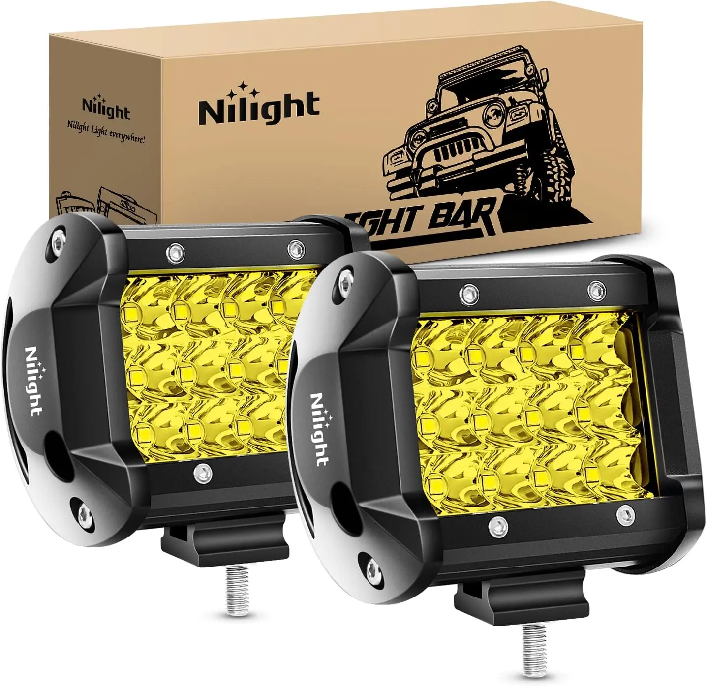 Nilight Ni18A Series 2Pcs 4Inch 36W 4-in-1 Triple-Row Spot LED Light Bars - Yellow Flood-Spot Beam Combo Driving Lamps, Waterproof Aluminum Alloy Off-Road Work Pods, Driving Light Strip, -40~85°C Tolerance, ATVs 4-Wheelers Roof/Bumper Mounting Accessories