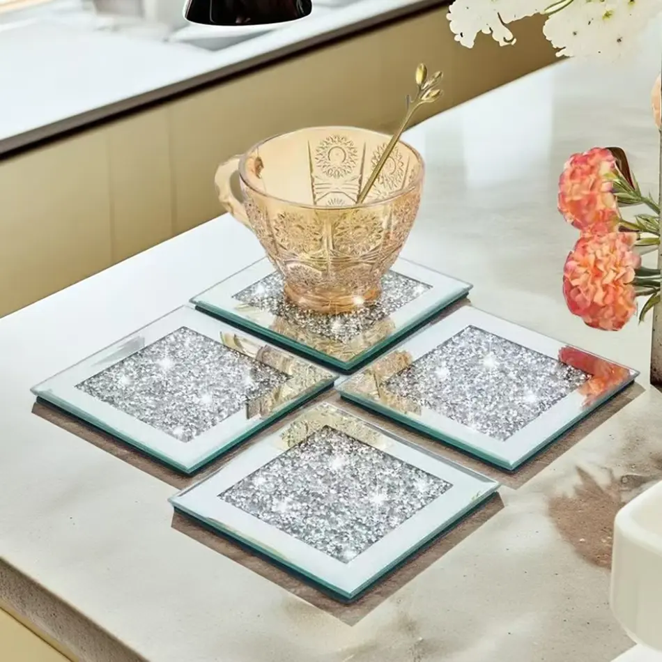 2pcs/4pcs Square Crystal Diamond Glass Coasters, Fashionable High-End Glass Mirrors, Decorative Coaster, Perfect for Tea Coffee Party Table Home Decor, Tableware, Coasters for Drinks, Cup Coaster Set