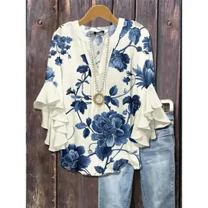 Elegant plus-size women’s top with butterfly sleeves, slim-fit long blouse with chest buttons, fashionable all-season design