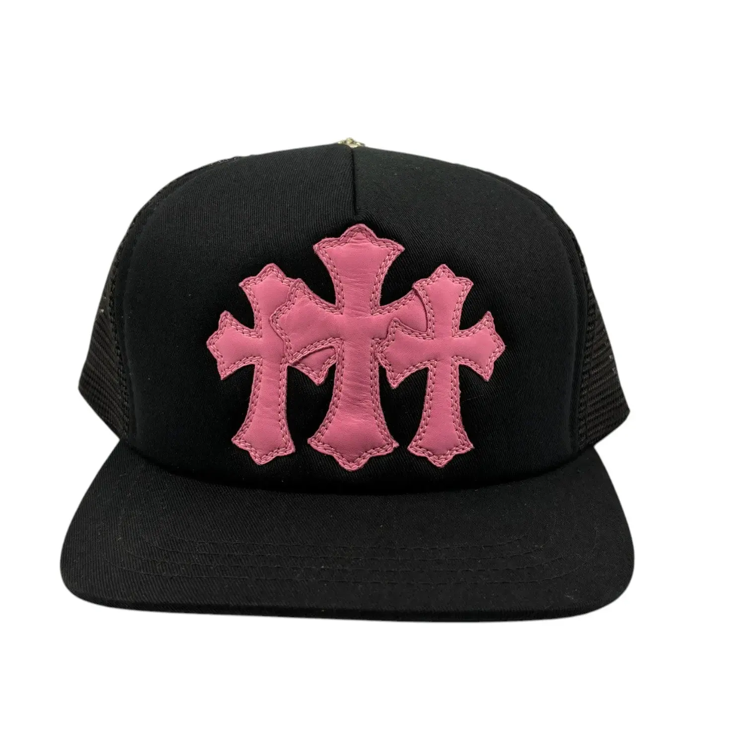 Triple Cross Cemetery Trucker Hat, Black and Pink Faith Hat, Embroidered Adjustable Baseball Cap for Men and Women, Structured Cotton Mesh Back Hat, Stylish Church Wear