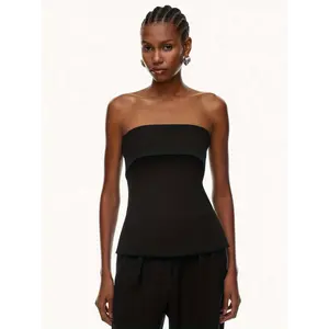 Chic Women's Sleeveless Strapless Brown Bandeau Top with Elegant Side Slit - Solid Color, Ruched Detail, Perfect for All Seasons, Machine Washable