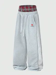 Retro Fake Two-Piece Plaid Waistband Baggy Sweatpants - Men's Oversized Grey Wide Leg Joggers with Side Stripes, Heart Graphic & Print, Aesthetic Y2K Streetwear Pants for Urban Outfits
