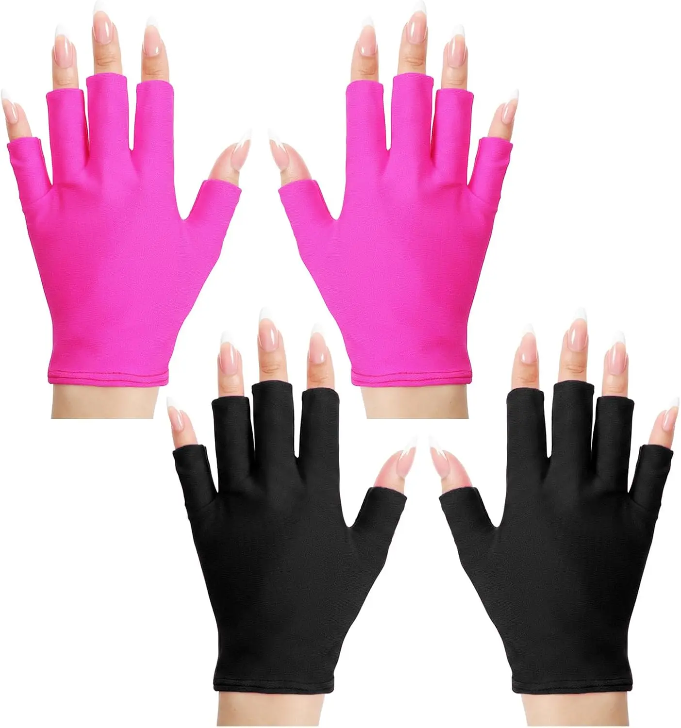 2 Pairs Salon Haircare Adjustable Lightweight Neon Fingerless Gloves - Black, Pink, Durable UPF UV Protection, Heatless for Gel Nail Lamp Manicures, Nail Care