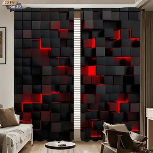 2pcs Cool Geometric Grid Print Curtains, Blackout Blinds, Polyester Fiber, Kitchen Bedroom Office Living Room Decor, Door Curtain (rodless)