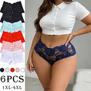 Women’s Seamless Plus Size High Waist Heart Cutout Lace Hip Briefs - Pack of 6, Minimalist Solid Color, Large Floral Design, Elastic Skin-Friendly Breathable Fabric, Butt-Lifting Triangle Panties for Everyday Wear, Dates