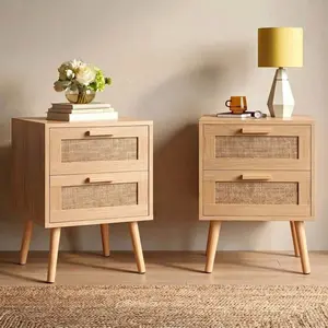 2PCS Rattan Nightstand, Natural Oak Wood Side Table with 2 Handmade Rattan Decor Drawers, Accent Storage Bedside Table for Bedroom Living Room Home Decor