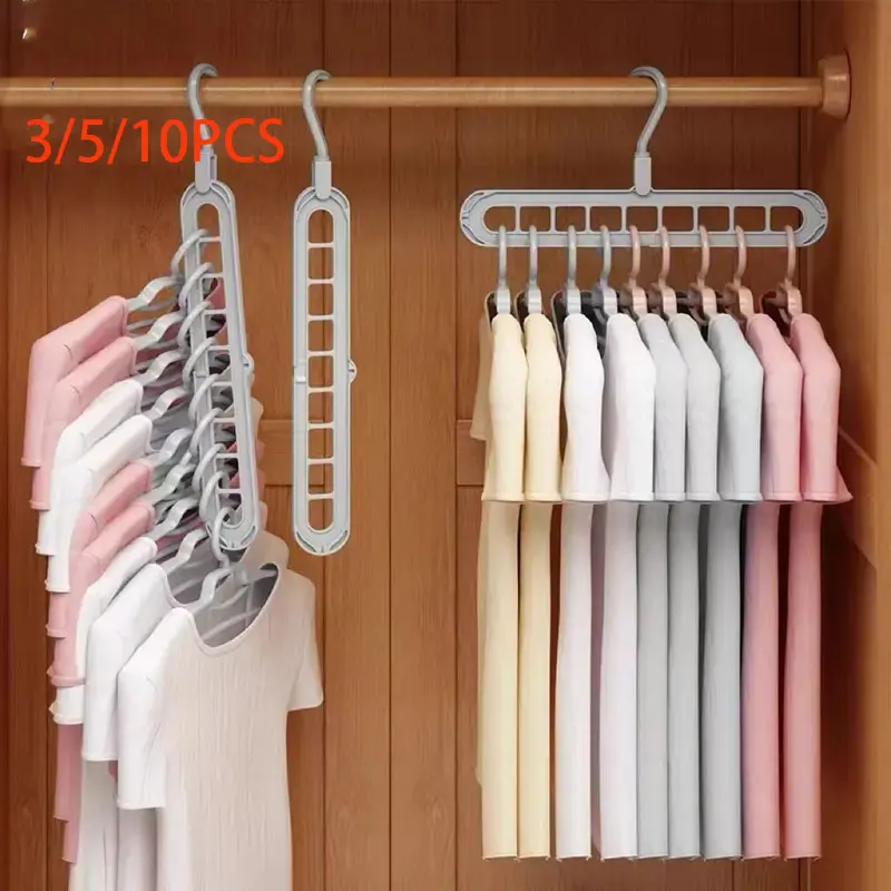 9-Hole Magic Hangers, 3/5/10-Pack Aesthetic Foldable Plastic Space-Saving Organizers for Multi-Layer Closet Organization Water Proof Hanging