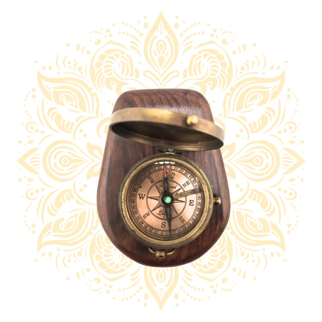 Vintage Brass Pocket Compass with Wooden Case – 2 Inch Antique Navigation Compass