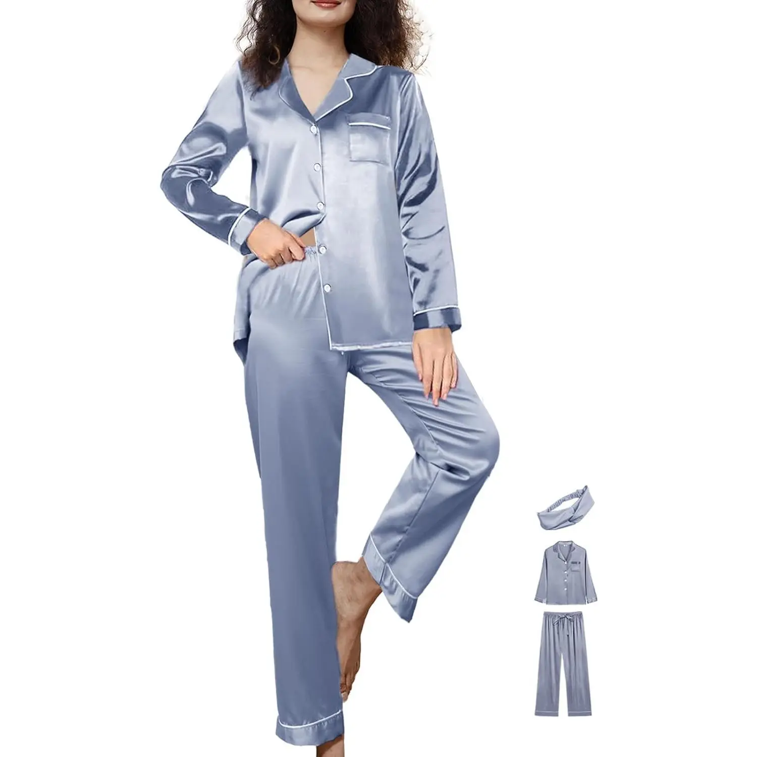 WJing Yi Jia Womens 3Pcs Satin Pajamas Set Silk Pajama Sets XS-3XL Long Silky Pj Sets Nightwear Pjs Set Sleepwear Loungewear