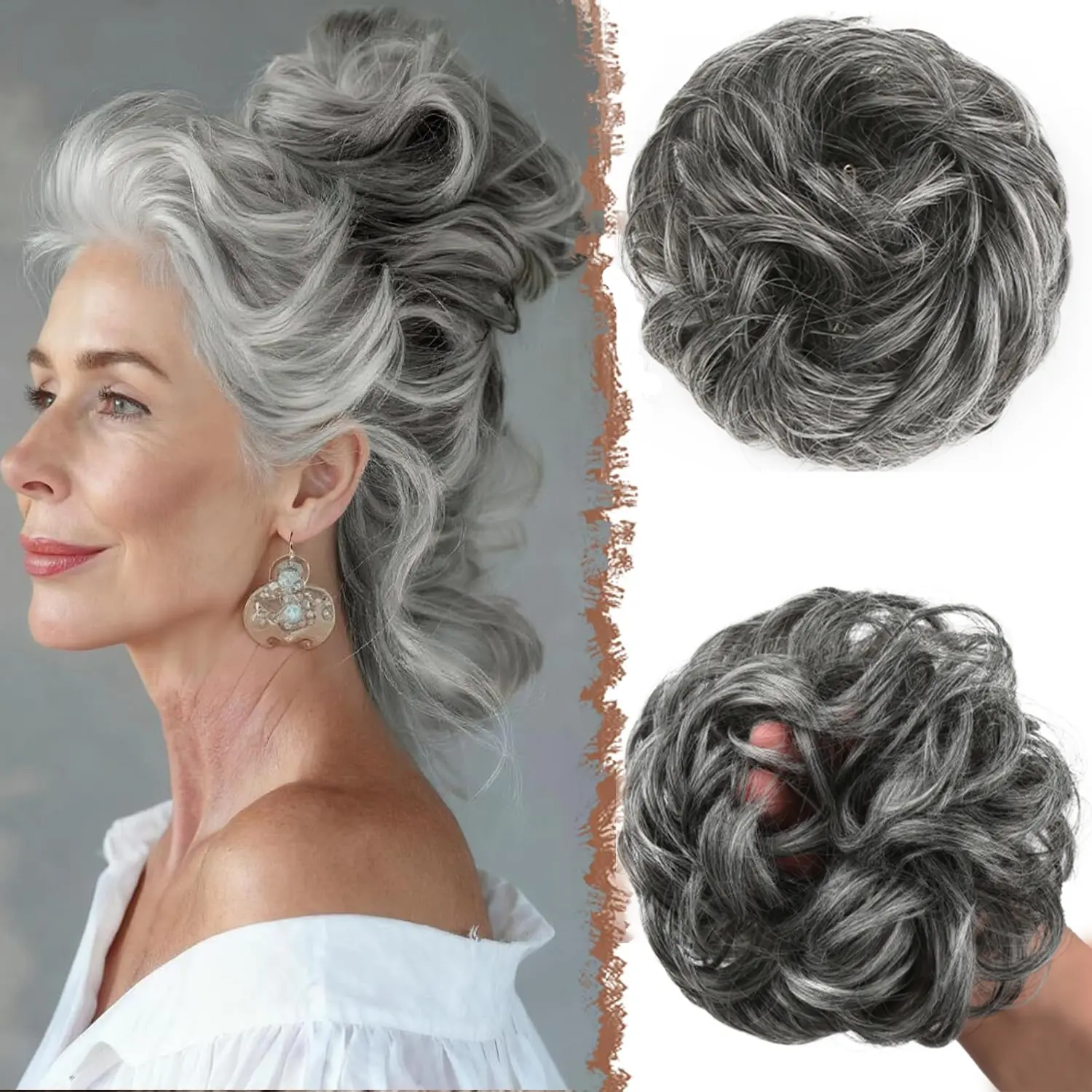Messy Bun Hair Pieces - Large Wavy Curly Elastic Hair Bun Scrunchies Ponytail Extensions Synthetic Chignon Hairpieces for Women, Black Gray and White Tips