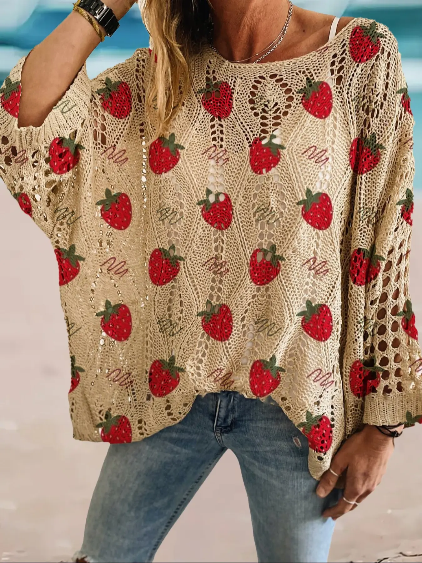 Women's Strawberry Print Long Sleeve Knit Top, Casual Elegant Vacation Style Sweater, Lightweight Knit Pullover, Loose Fit Batwing Shoulders, Spring Summer Fall, Knitwear, Knitwear Tops