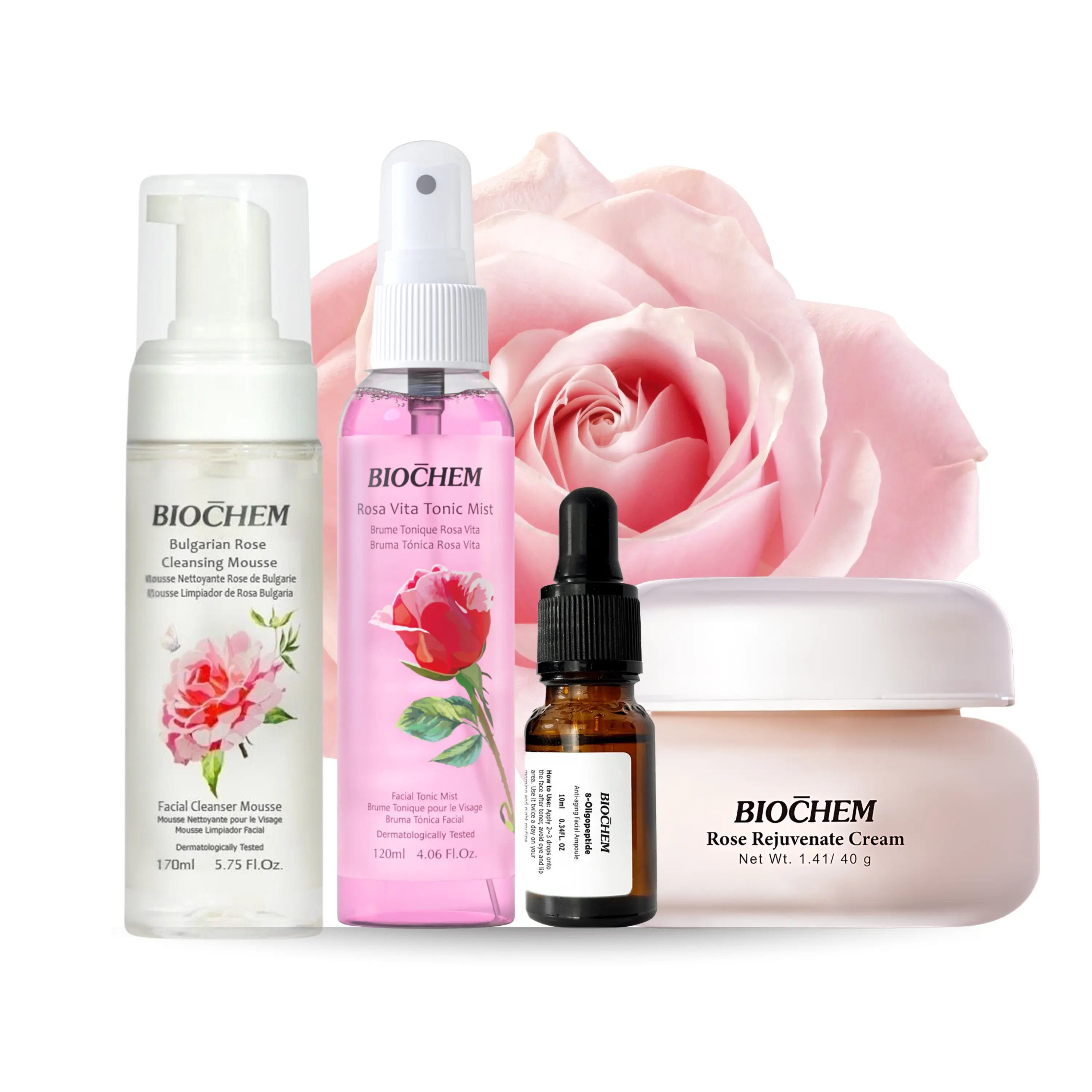 BIOCHEM [LIVE EXCLUSIVE] Rose 4-Step Ritual Bundle — Bulgarian Rose Cleansing Mousse + Rosa Vita Tonic Mist + 8-Oligopeptide Ampoule Mini + Rose Rejuvenate Cream