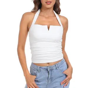 HDE Women's Halter Top with Built-in Bra Ruched Backless Basic Summer Tops Camisole Breathable