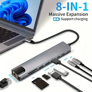 1pc 8-in-1 USB-C Hub, 4K HDTV Adapter with USB-C, RJ45 Ethernet, SD/TF Card Reader, USB 2.0/3.0 Ports, PD 100W Charging, Type-C to HDTV Connection for Laptops