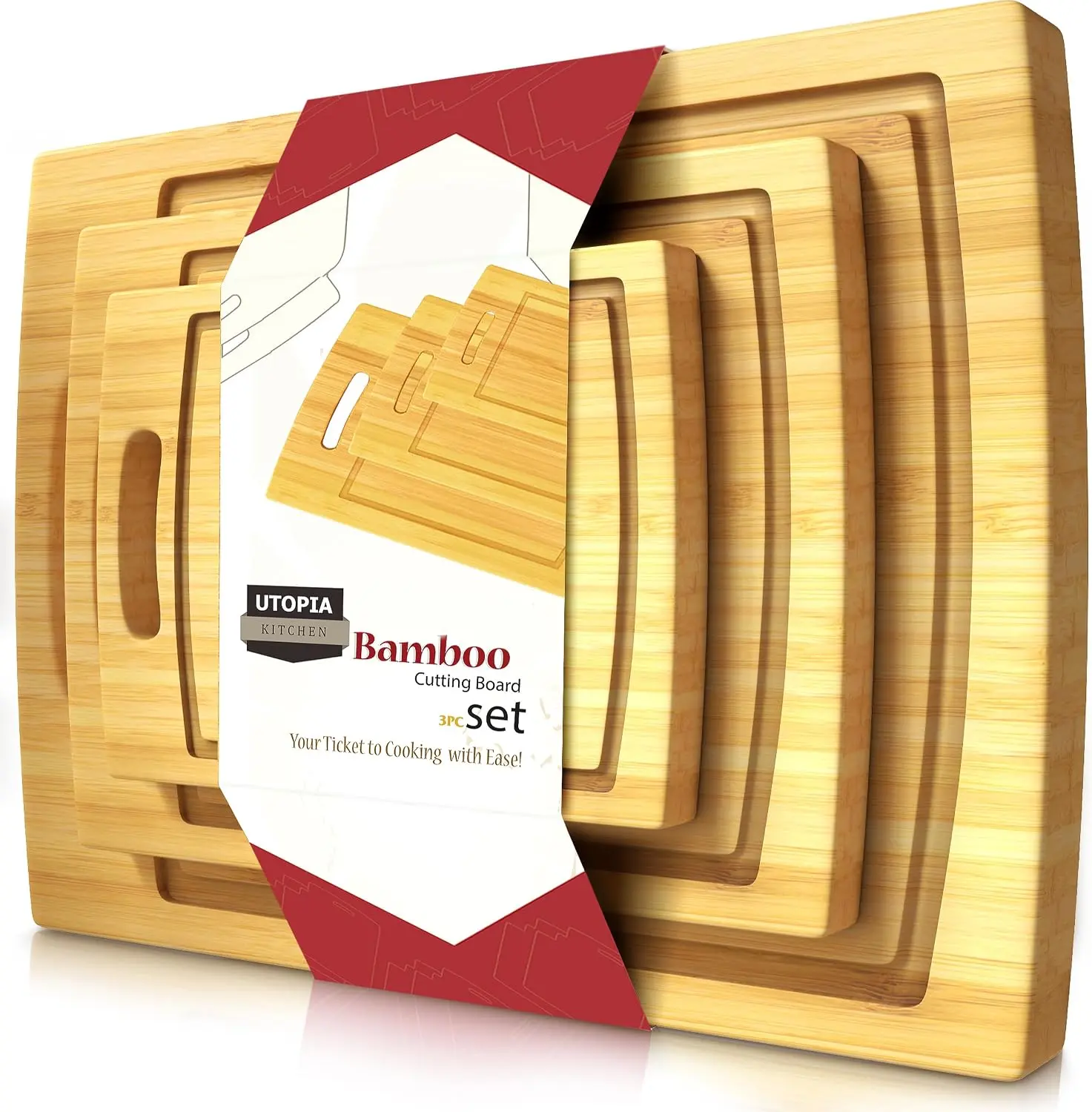 Utopia Kitchen Bamboo Cutting Board Set of 3 Wood Cutting Boards with Juice Groove Large Medium & Small Wooden Cutting Boards for Kitchen Chopping Boards Butcher Block Natural