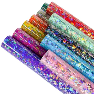 Glossy rose-patterned holographic PU leather roll; synthetic leather fabric; ideal for DIY bows, earrings, hair accessories, card holders, and wallets; perfect for craft enthusiasts; in stock in the U.S.