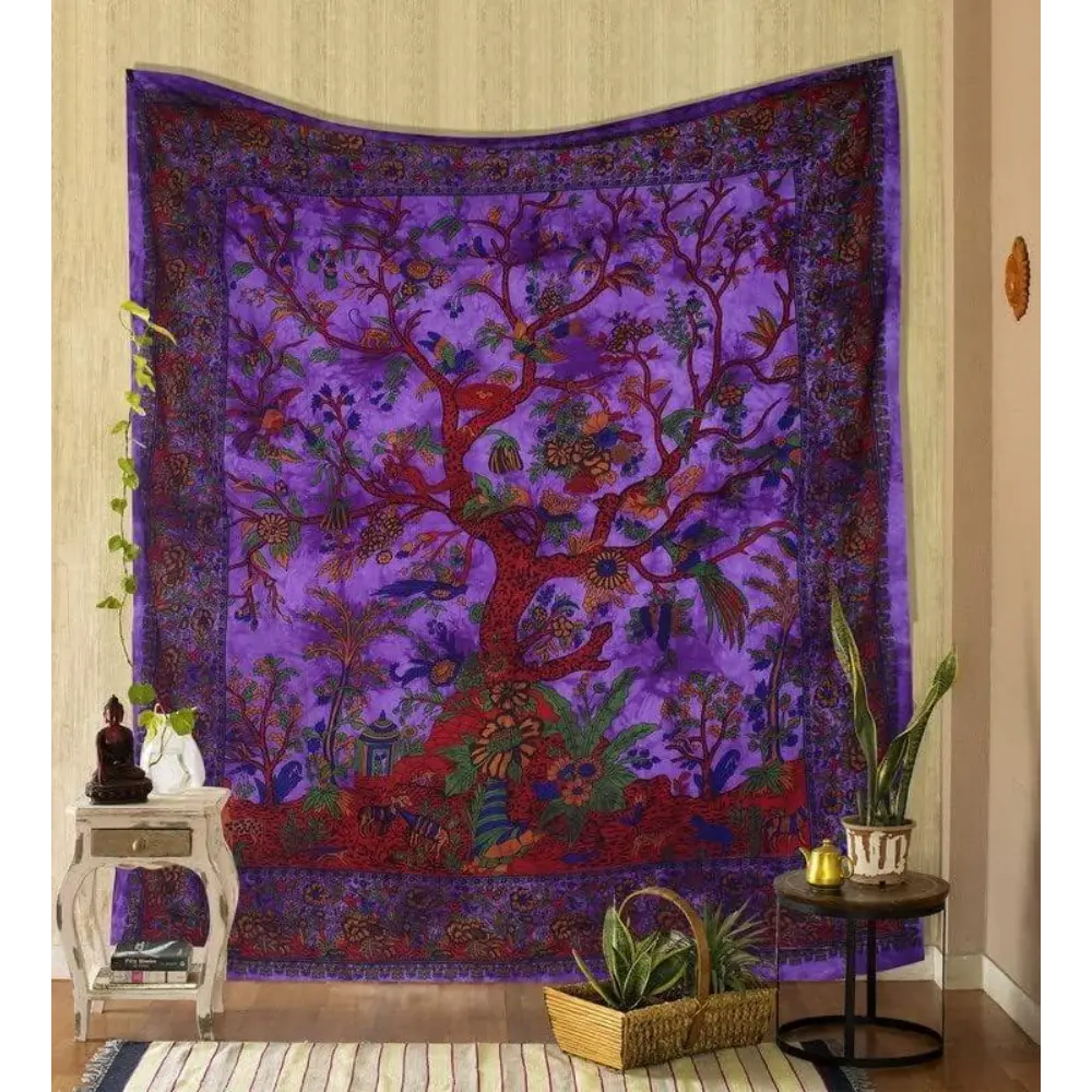 Tapestry Purple Tree of Life Wall Hanging Psychedelic Tapestries Indian Cotton Twin Bedspread Picnic Sheet Wall Decor Blanket Wall Art Hippie Bedroom Décor Landscape Retro Swiss Boho Floral Design Home Textile