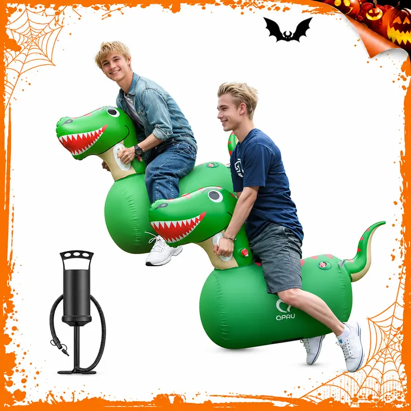QPAU Giant Inflatable Dinosaur Ride-On Bouncer Playground Equipment for Kids Ages 5+, Home Playground Equipment with Manual Hand Pump, Leak-Resist Valve, 220lbs Capacity, Indoor-Outdoor Kids Toys Play Bouncy Dinosaur Toy Halloween Gift
