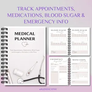 Medical Planner Notebook, Appointment Tracker, Medication Log, Blood Sugar Record, Emergency Contacts, Insurance Info, Spiral Notebook