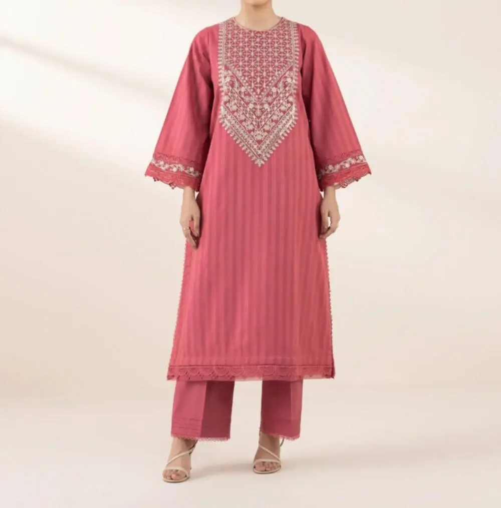 Elegant 2-Piece Shirt and Trouser Set for Lady, Pink Dobby Top with Tilla Embroidery, Sequins, and Breathable Cambric Trousers, Elegance, Soft, Everyday, Fabric, Lace, Long Sleeve, Matching, Clothes, Comfortable, Embroidered