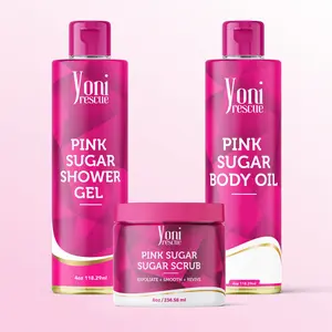 Pink Sugar Body & Bath Care Set- Shower Gel(4oz),  Body Essential Oil(4oz) 100% All Natural with Sugar Scrubs(8oz) by Yoni Rescue