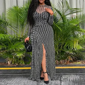 ChicMe Women's 2-Piece Geometric Print Maxi Dress Set Sheer Long Sleeve Mesh Overlay & Cami Dress Elegant High Slit Tie Waist Wedding Guest Dress