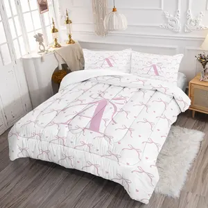 🎀 2/3PCS Custom Monogram Letter A-Z Comforter Set, Coquette Pink Bow Quilt, Soft Microfiber Bedding Set with Pillowcase, Heart Bow Print Bed Set for Girls, Personalized Bedroom & Dorm Decor