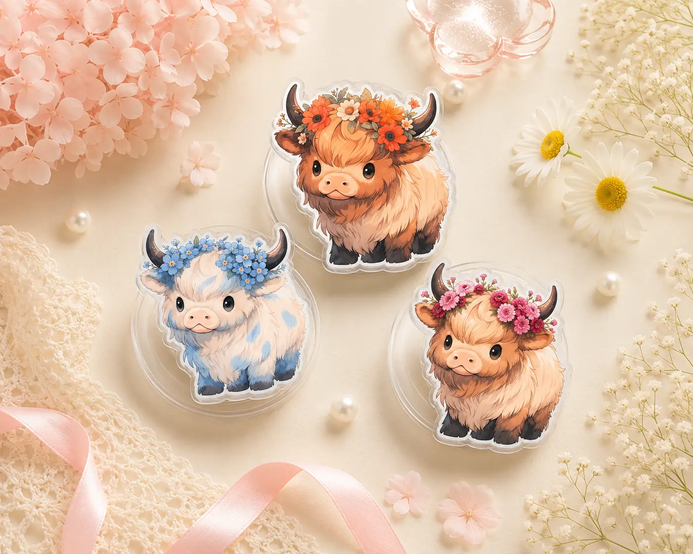 Floral Highland Cow Phone Grip, Cute Cow MagSafe Kindle Grip, Cute Farm Animal Phone Accessory, Aesthetic Fluffy Cow Kindle Holder, Gift for Cow Lovers