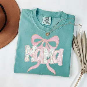 Mama Pink Bow Coquette Graphic Tee | Floral Gingham Mama Shirt | Comfort Colors Seafoam Green Mom Shirt | Mother's Day Gift