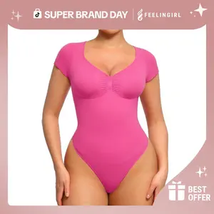 FeelinGirl #LiveStream Women's Short Sleeve Bodysuit for Tummy Control V Neck Seamless Body Suits Thong Going Out Tops