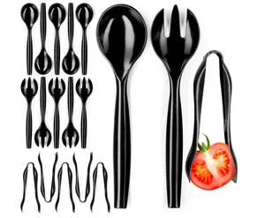 Set of 18 Black Plastic Serving Utensils - 6 Tongs, 10 Spoons, 10 Forks - Buffet Party Supplies Cutlery Stylish