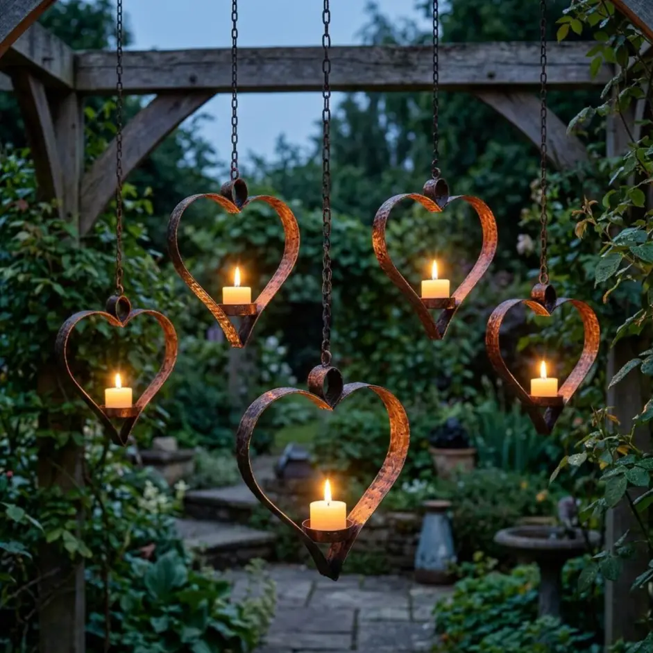 Hanging Heart Candle Holders Set, Rustic Metal Tealight Lanterns with Chains, Romantic Outdoor Garden and Patio Decor, Indoor Wall & Porch Ambiance Lighting Hanging Heart Tea Light Holder – Metal Heart Candle Lantern – Romantic Outdoor Garden Decor