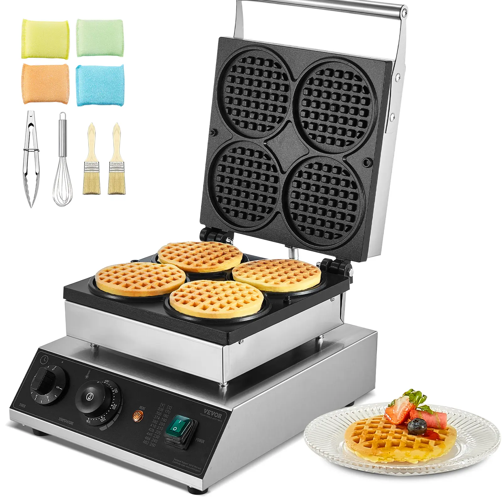 【Summerfinds】VEVOR Commercial Waffle Maker 4PCS Round Waffle Baker Machine,1750W Non-Stick Stainless Steel Belgian Waffle Iron with Temperature and Time Controlfor Restaurant Bakery Snack Bar Family