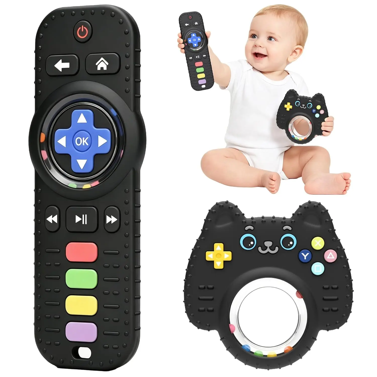 Baby Silicone Teething Rattles 2-Pack - BPA-Free, Food Grade, ASTM Compliant, Realistic Remote & Game Controller Shapes, Sensory Gum Relief Toys for Babies 0-24 Months (0–2 yrs)