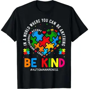 Cotton printed heart-shaped puzzle autism awareness T-shirt, suitable for men, women, and children