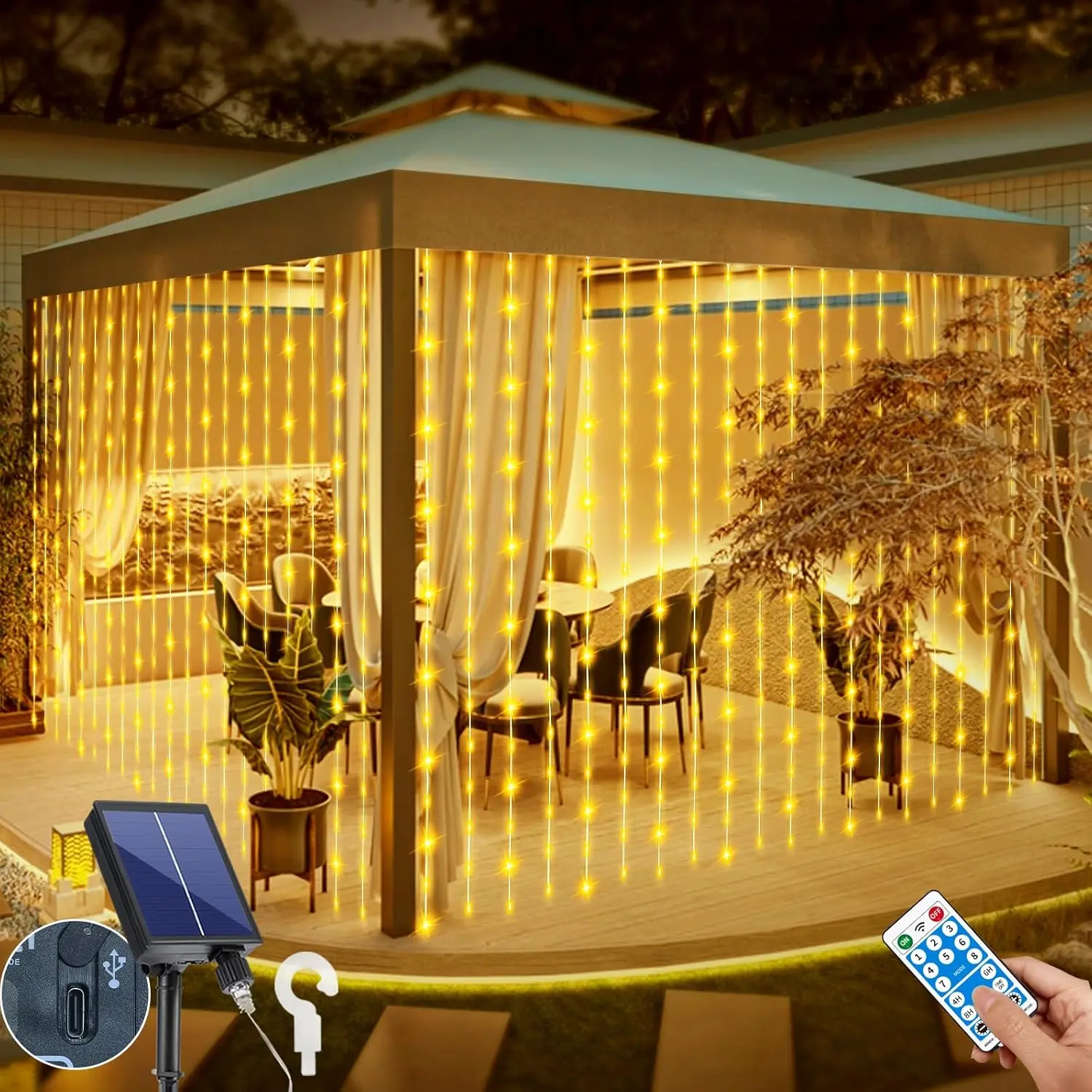 Solar Curtain Lights Outdoor 10 x 10Ft 300LED Waterproof Waterfall Light with 8 Modes Remote USB Rechargeable Dimmable Timer Twinkle Fairy String Lights for Outdoor Christmas Gazebo Wedding Pergola（Warm White/Multicolor/Cool White）