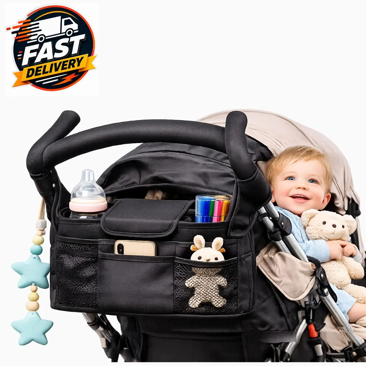 Baby Stroller Organizer Bag Universal Pram Caddy with Cup Holders Phone Pocket