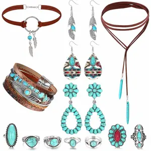 1Set Western Jewelry for Women Bohemian Turquoise Jewelry Set, Turquoise Faux Leather Cuff Bracelet Turquoise Pendant Choker Necklace Turquoise Hoop Dangle Earrings Turquoise Joint Knuckle Rings - Home Improvement