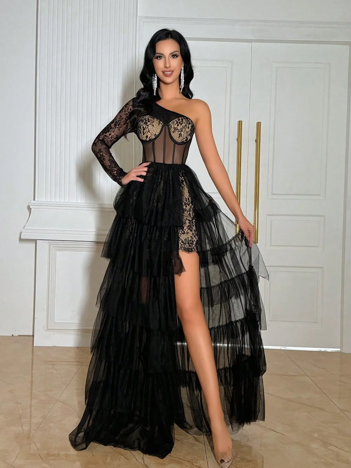 Black One-Shoulder Lace Tulle Evening Gown | High Slit Prom Dress for Party & Prom Formal Birthday