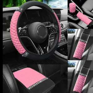 Three-Dimensional Embroidered Artificial Diamond Glitter Fashion PU Leather Non-slip No Inner Ring Car Steering Wheel Cover Set 6pcs Fit For 37-38CM Steering Wheel Car Accessories