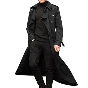 Men’s overcoat, retro long trench coat, men’s double-breasted jacket, black long, solid, windproof outerwear. Men's Clothing - Tops