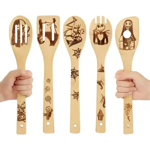 Nightmare Before Christmas Gifts 5 Pcs Wooden Spoons for Cooking Halloween Kitchen Utensils Set with Spooky Patterns & Hanging Hole for Decor - Kitchenware